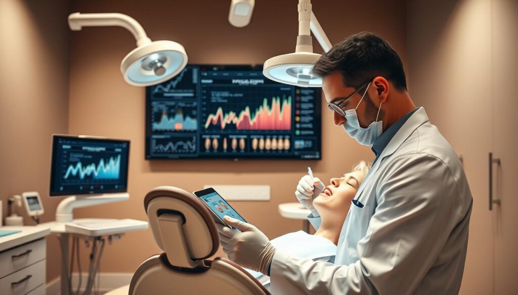 A doctor's office with modern dental equipment, including a dental chair, overhead light, and various tools. In the foreground, a dentist is carefully examining a patient's teeth, meticulously recording the results on a tablet. The middle ground features a large screen displaying detailed graphs and charts, illustrating the patient's dental health progress over time. The background showcases a serene, minimalist office design with clean lines and soothing earth tones, creating a calming atmosphere. Soft, diffused lighting illuminates the scene, emphasizing the precision and professionalism of the dental practice. The overall tone conveys a sense of expertise, attention to detail, and a commitment to data-driven, patient-centered care.