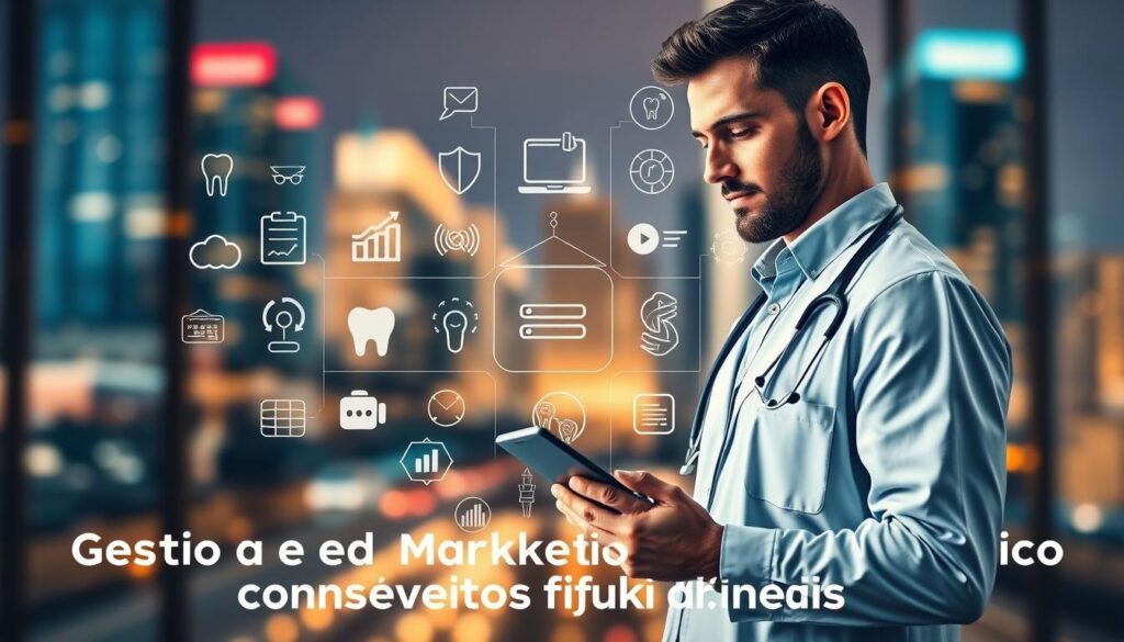 A dynamic and professional visual representation of the fundamental concepts of dental management and marketing. In the foreground, a thoughtful medical professional stands, contemplating a tablet displaying relevant data and insights. The middle ground features an array of meticulously designed icons and infographic elements, conveying the core principles of this specialized field. The background showcases a blurred, yet visually compelling cityscape, hinting at the broader business landscape in which these concepts are applied. The overall scene is illuminated by warm, focused lighting, creating a sense of depth, clarity, and significance. The composition is balanced, the colors are vibrant, and the attention to detail is paramount, capturing the essence of "Gestão e marketing odontológico completo: conceitos fundamentais".