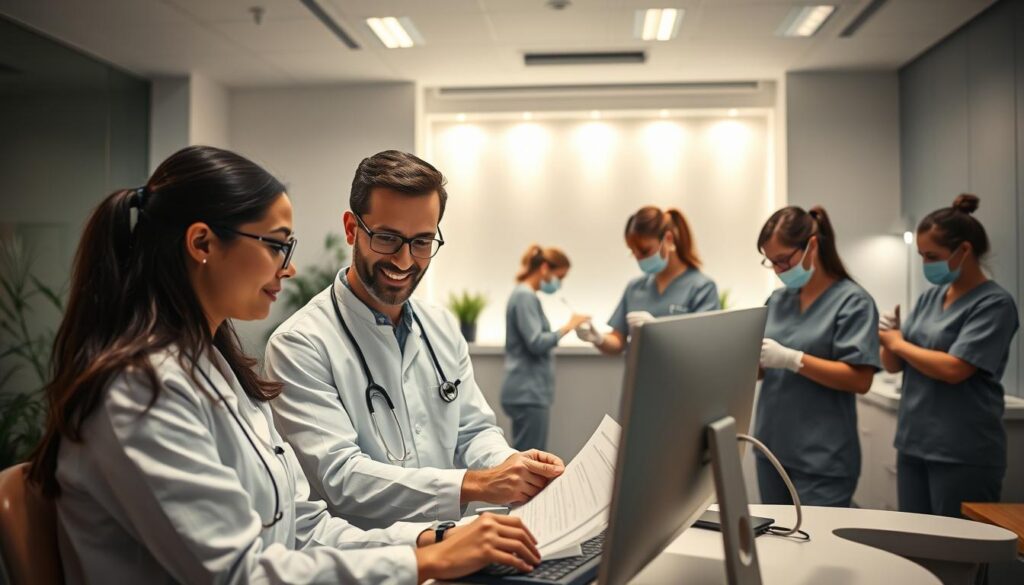A dynamic dental team collaborating in a well-lit, modern office setting. In the foreground, a dentist and dental assistant review patient records on a computer screen, their expressions focused and engaged. In the middle ground, other team members coordinate schedules and sterilize equipment, their movements efficient and synchronized. The background features a sleek, minimalist reception area with plants and warm lighting, conveying a sense of professionalism and patient comfort. The overall atmosphere is one of camaraderie, organization, and a strong commitment to providing exceptional dental care.