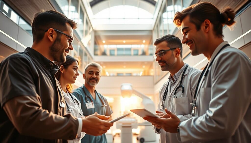 A dynamic, forward-thinking medical clinic undergoing a revolutionary transformation. In the foreground, healthcare professionals collaborate intently, their expressions focused and determined. The middle ground showcases modern, streamlined equipment and technology, symbolizing the clinic's embrace of innovation. In the background, an expansive, sun-drenched atrium provides a sense of openness and progress. Warm, ambient lighting casts a hopeful glow, while the architectural design exudes a sophisticated, cutting-edge aesthetic. The scene conveys a palpable energy of progress, efficiency, and a patient-centric approach to clinical management.