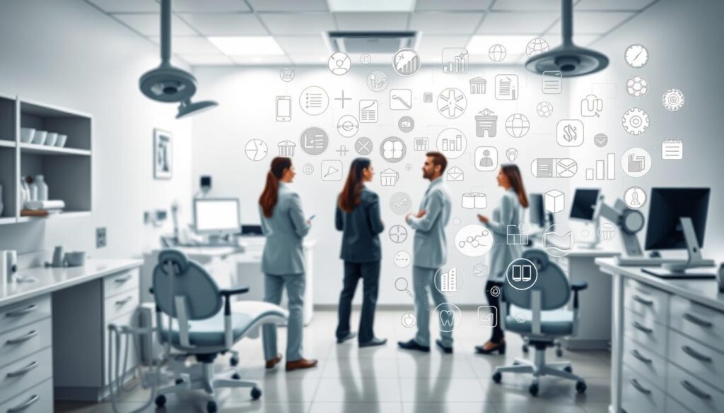 A finely-detailed illustration of fundamental principles in dental practice management. In the foreground, a modern dental office with clean, minimalist decor and medical equipment, conveying professionalism and efficiency. In the middle ground, a team of dental professionals engaged in discussion, representing collaborative decision-making. In the background, a mosaic of icons symbolizing key management aspects - financial planning, patient relations, operational processes, and more. The lighting is soft and directional, accentuating the sense of clinical authority. The overall composition is balanced, elegant, and captures the essence of strategic dental practice management.