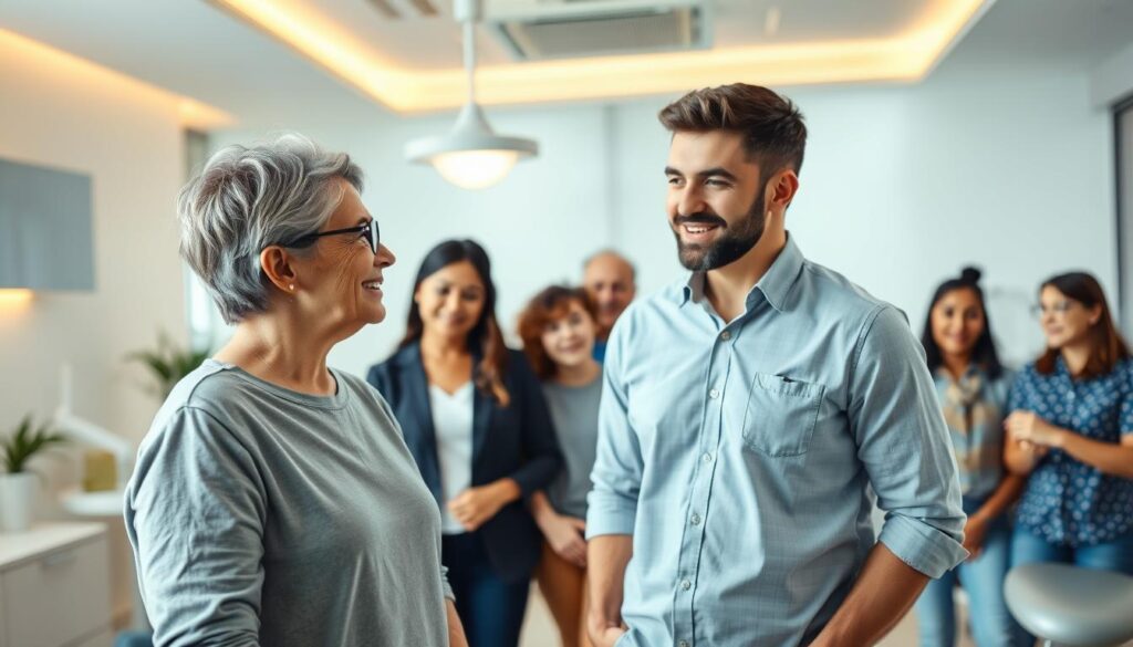 A focused and diverse group of people, representing the key demographics of a dental clinic's target audience. In the foreground, a middle-aged man and woman, dressed casually, engaged in conversation. In the middle ground, a young professional couple, a senior citizen, and a young family with children. The background features a clean, modern dental clinic interior, with warm lighting and a calming atmosphere. The scene conveys a sense of inclusivity, approachability, and the diverse needs and preferences of the dental clinic's ideal patient base.