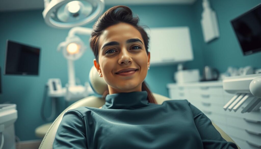 A focused, professional dental patient sitting in a comfortable examination chair, with a serene expression on their face. The dentist's office is clean, modern, and brightly lit, with a soothing color palette of blues and greens. The patient is surrounded by state-of-the-art dental equipment, conveying a sense of trust and expertise. The angle is slightly elevated, capturing the patient's perspective and creating a sense of care and attentiveness. The overall mood is one of reassurance and professionalism, reflecting the careful consideration of the target audience's needs and concerns.