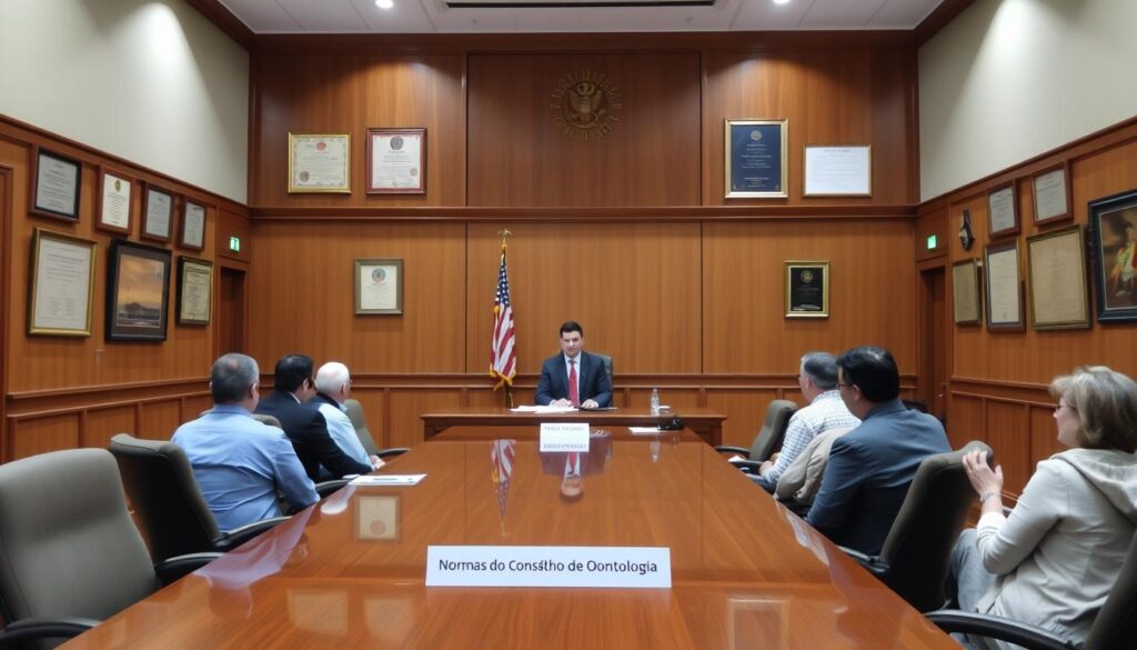 A formal meeting room with a polished wooden table, chairs, and a professional-looking person in a suit standing at the head of the table, surrounded by a group of attentive people. The walls are adorned with certificates, diplomas, and framed regulations, suggesting an official government or regulatory body. The lighting is bright and even, creating a sense of authority and seriousness. The overall atmosphere conveys the gravity and importance of the "Normas do Conselho de Odontologia" being discussed.
