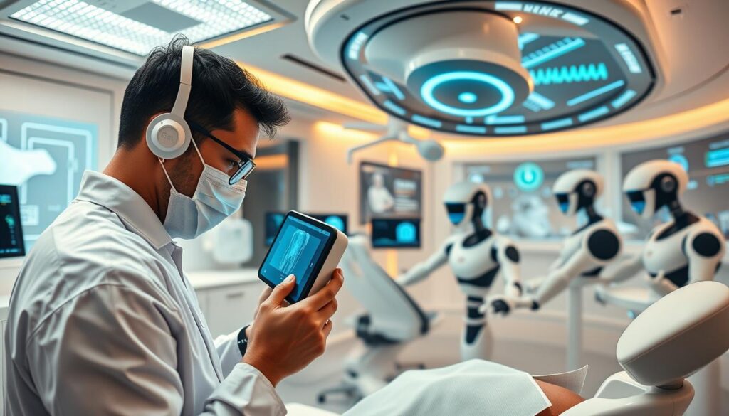 A futuristic dental clinic, filled with advanced technology and cutting-edge equipment. In the foreground, a dentist examines a patient's teeth using a sleek, digital imaging device. The mid-ground showcases a suite of robotic assistants, precisely performing dental procedures under the watchful eye of the dentist. In the background, a panoramic display shows real-time data, monitoring patient vital signs and providing insights into the latest advancements in dental care. The lighting is warm and inviting, conveying a sense of innovation and professionalism. The overall atmosphere suggests a seamless integration of technology and personalized, high-quality dental services, reflecting the future of dental practice in Brazil.