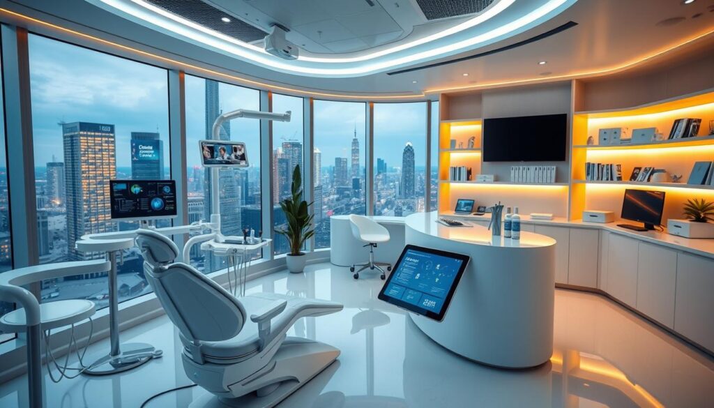 A futuristic office interior featuring a sleek dental workspace with cutting-edge technology. In the foreground, a modern dental chair with advanced diagnostic screens and instruments. The middle ground showcases a minimalist reception desk with a tablet-based patient management system. In the background, shelves display a variety of dental software packages and cloud-based practice management tools. Warm, ambient lighting creates a calming atmosphere, while large windows offer a view of a bustling city skyline. The scene conveys the efficient, technology-driven nature of contemporary dental office management.