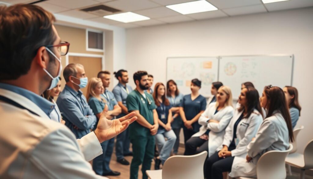 A group of dental professionals gathered in a modern, well-lit training room. In the foreground, a team leader gestures animatedly, engaging the attentive audience. The middle ground features a mix of dental staff, their scrubs and lab coats suggesting a medical setting. In the background, a large whiteboard displays colorful diagrams and notes, guiding the interactive training session. Warm, neutral tones create a professional, educational atmosphere, while soft shadows and indirect lighting suggest an intimate, collaborative environment conducive to knowledge sharing and skill development.