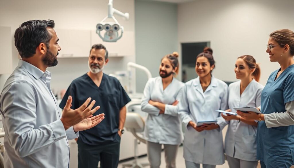 A group of dental professionals in a modern, well-lit clinical setting, engaged in a collaborative discussion. In the foreground, a confident and attentive team leader, using hand gestures to guide the conversation. The middle ground features the team, comprising dental assistants and hygienists, listening intently and taking notes. The background showcases the clean, organized office space, with state-of-the-art equipment and a calming, professional atmosphere. The lighting is soft and directional, highlighting the team's focus and cohesion. The overall scene conveys a sense of efficient leadership, effective teamwork, and a commitment to providing excellent patient care in the dental practice.