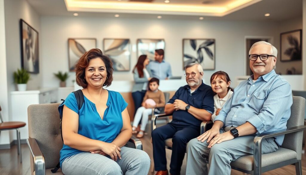 A group of diverse dental patients sitting in a modern, well-lit dental office waiting room. In the foreground, a middle-aged woman in a blue blouse and gray slacks, a young man with a backpack, and an elderly gentleman with glasses. In the middle ground, a family - a mother, father, and two children - conversing quietly. In the background, tasteful artwork adorns the walls, and a receptionist desk is visible. The scene conveys a welcoming, professional atmosphere, reflecting the target audience for an effective dental practice marketing strategy.
