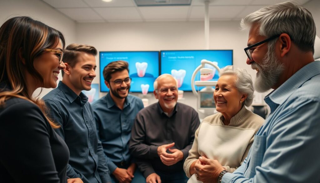 A group of diverse individuals, each embodying distinct personas and demographics, gathered in a well-lit, modern dental office setting. The foreground features a young professional woman, a middle-aged man, and an elderly person, all attentively engaged with a friendly, approachable dentist. The middle ground showcases a mix of digital screens, educational dental models, and medical equipment, suggesting the integration of technology and personalized care. The background depicts a clean, minimalist interior design with subtle, calming colors, creating an atmosphere of trust and comfort. Soft, directional lighting illuminates the scene, highlighting the interactions and the attention to detail in the dental practice.