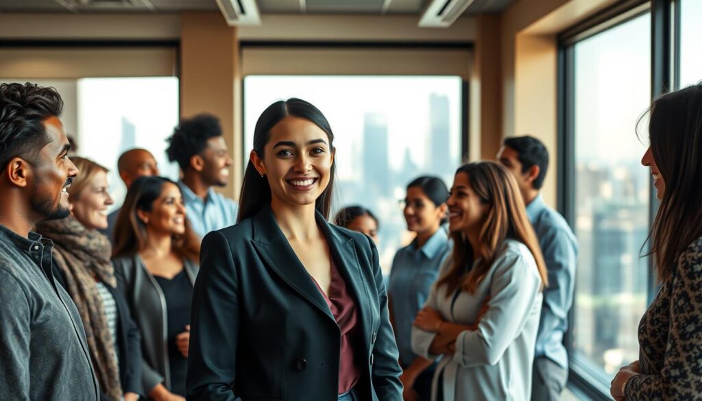 A group of diverse individuals, representing the target demographic for dental services, gathered in a warm, inviting setting. In the foreground, a young professional woman with a friendly smile, dressed in smart, business casual attire, stands as the central focus. Surrounding her are a mix of people of various ages, ethnicities, and backgrounds, all engaged in animated conversation. The middle ground features a modern, minimalist dental office interior, with clean lines and soothing earthy tones. In the background, a large window overlooks a bustling city skyline, bathed in soft, natural light. The overall atmosphere conveys a sense of trust, approachability, and the dental practice's commitment to serving a diverse, dynamic community.