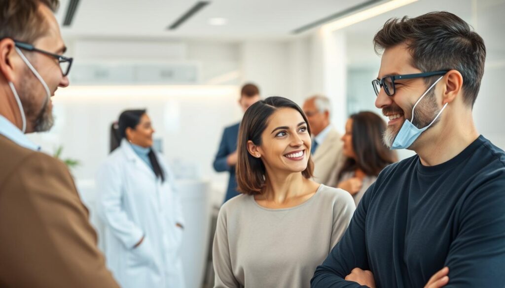 A group of diverse patients in a modern dental clinic, with a focus on the target demographic. The foreground features a middle-aged man and woman, both smiling and making eye contact, representing the core patient personas. In the middle ground, a young professional and an elderly couple discuss treatment options with the dentist. The background depicts a clean, well-lit reception area with sleek, minimalist decor, conveying a welcoming, high-quality atmosphere. Soft, natural lighting creates a calming, inviting mood. The scene captures the intersection of different age groups, professions, and life stages, reflecting the breadth of the dental practice's target audience.