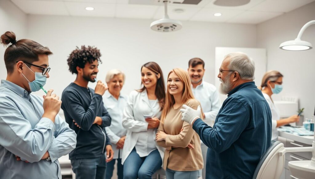A group of diverse people representing the target demographic for a dental clinic, including young adults, middle-aged individuals, and seniors, engaged in various dental-related activities such as brushing their teeth, undergoing checkups, or discussing treatment options with a dentist. The scene is set in a modern, well-lit dental office with clean, minimalist decor, capturing an atmosphere of professionalism and patient-centric care. The lighting is soft and diffused, creating a calming and approachable ambiance. The camera angle is slightly elevated, allowing for a comprehensive view of the space and the people within it.