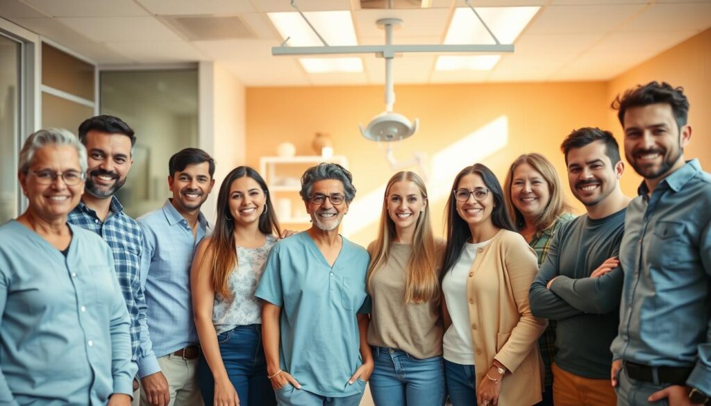 A group of diverse people representing the target dental patient audience, standing in a bright, modern office setting. The foreground features a mix of ages, genders, and ethnicities, each person with a friendly, engaged expression. The middle ground showcases dental equipment and decor, hinting at the healthcare context. The background is filled with warm, natural lighting, creating a welcoming, professional atmosphere. Technical details include a wide-angle lens, high-key lighting, and a slightly elevated camera angle to capture the scene comprehensively. The overall mood is one of approachability, inclusivity, and a focus on meeting the needs of the dental practice's target clientele.