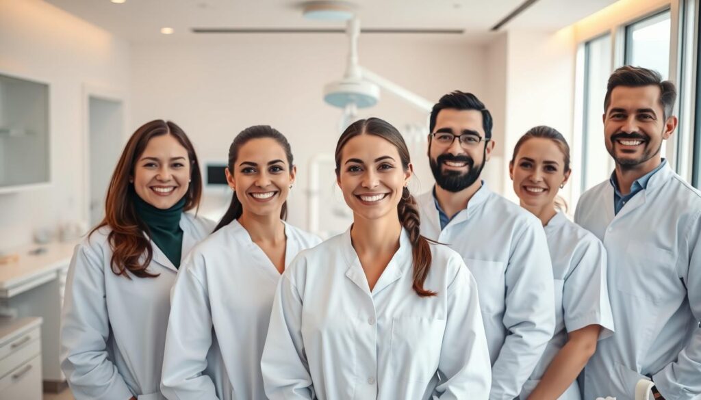 A group of five motivated dental professionals standing in a modern, well-lit clinic. The foreground features the smiling faces of the team, with their white uniforms and protective gear. In the middle ground, the examination chairs and medical equipment convey a sense of medical expertise and care. The background showcases a clean, organized workspace with sleek, minimalist design elements that create a calm, professional atmosphere. The lighting is warm and natural, casting a soft glow on the team's faces and highlighting their positive, engaged expressions. The overall mood is one of camaraderie, competence, and a shared commitment to providing excellent dental care.