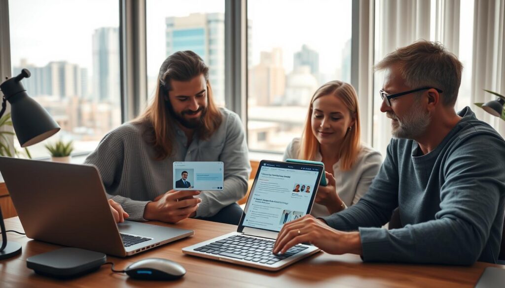 A group of patients intently researching dental services on their laptop and mobile devices, set against a backdrop of a modern, minimalist home office. The scene is bathed in warm, diffused lighting, creating a contemplative atmosphere. The foreground features a neatly organized workspace with a sleek, cordless mouse and keyboard, along with a stylish desk lamp. In the middle ground, the patients' expressions convey a sense of focused deliberation as they navigate various dental clinic websites and online reviews. The background showcases a large window overlooking a bustling urban landscape, symbolizing the ubiquity of the digital landscape in today's healthcare decisions.