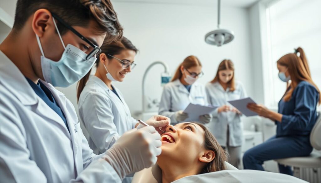 A group of professional dentists and dental assistants working together in a modern, well-lit dental clinic. In the foreground, a dentist is examining a patient's teeth with a gentle, caring expression, while an assistant hands them the necessary tools. In the middle ground, other team members are collaborating on patient records and discussing treatment plans. The background features sleek, state-of-the-art dental equipment and a tranquil, calming atmosphere, conveying a sense of efficiency, organization, and patient-centric care. The lighting is soft and balanced, creating a serene and professional atmosphere, while the camera angle suggests a close-up, intimate view of the team's workflow.