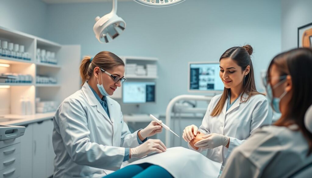 A group of professional dentists in a modern dental clinic, surrounded by state-of-the-art equipment and tools. The scene depicts three dentists, a man and two women, dressed in pristine white lab coats, focused on their work with patients. Soft, diffused lighting illuminates the clean, sterile environment, creating a calming and professional atmosphere. The dentists' expressions convey a sense of expertise and dedication as they carefully examine and treat their patients. In the background, shelves of medical supplies and a computer monitor display important patient information. This image aims to illustrate the skilled and diligent nature of dental professionals, highlighting the benefits of pursuing a career in dental practice management.