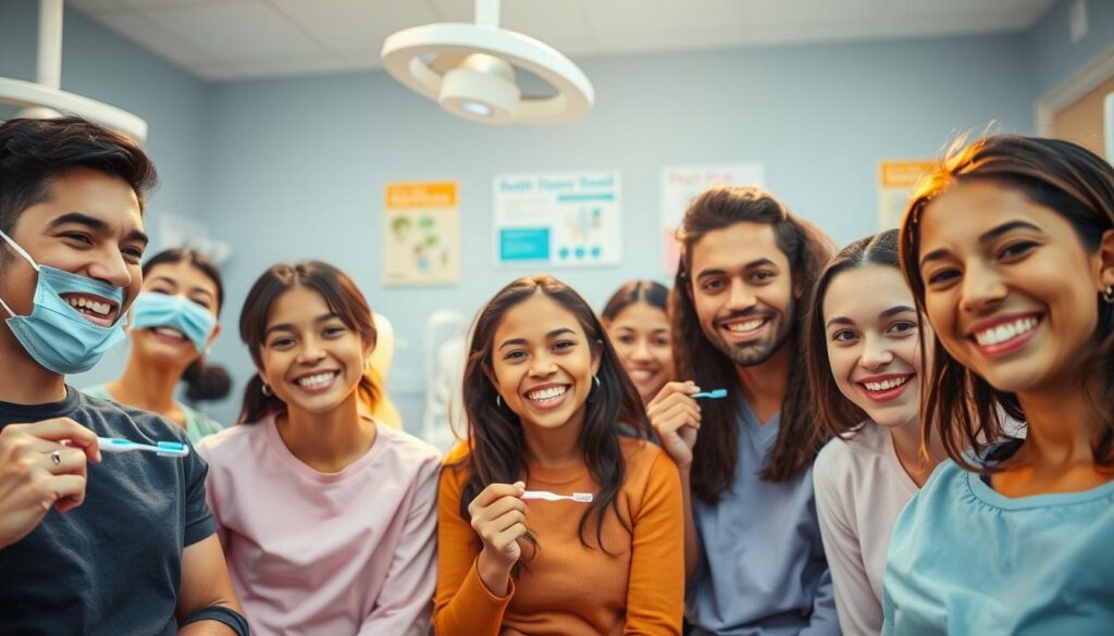 A group of smiling, diverse dental patients engaged in various activities that promote oral health awareness and education, such as brushing teeth, flossing, and using dental hygiene tools. The scene is illuminated by warm, natural lighting, creating a cheerful and inviting atmosphere. The patients are positioned in the foreground, while the background features a clean, modern dental office setting with dental equipment and informative posters. The overall composition conveys a sense of community, personal care, and the importance of maintaining good oral hygiene.