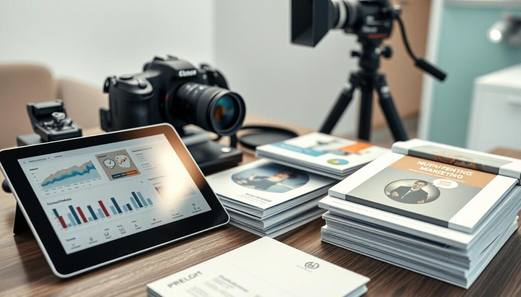 A high-angle close-up view of a meticulously curated assortment of essential dental marketing tools. In the foreground, a sleek tablet displays analytics and social media dashboards. Alongside, an array of professional-grade camera equipment, including a DSLR, tripod, and lighting setup. In the middle ground, a stack of glossy brochures, business cards, and customized stationery. In the background, a subtle blur of a modern, minimalist dental clinic interior, hinting at the broader context. The lighting is soft and directional, accentuating the textures and colors of the various marketing materials. An atmosphere of efficiency, creativity, and attention to detail pervades the scene, reflecting the thoughtful approach to dental practice marketing.