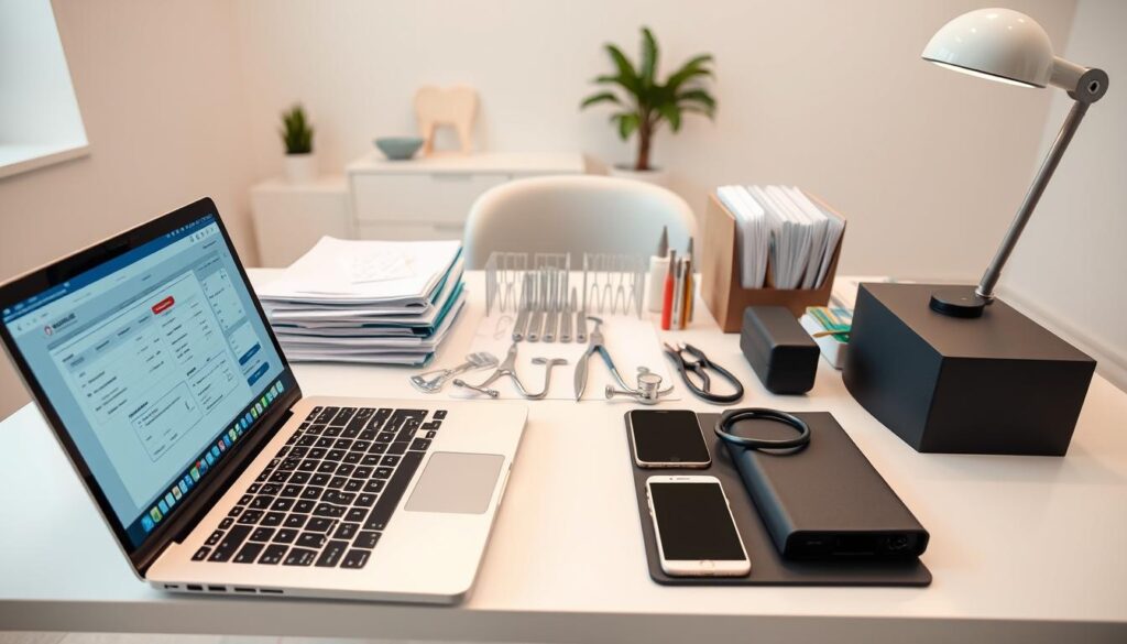 A high-angle, wide-angle shot of a well-organized desk setup for dental practice management. In the foreground, an open laptop, a tablet, and a smartphone are arranged neatly, showcasing various dental software and digital tools. Behind them, a stack of files, a desk organizer, and a desk lamp create a sense of professionalism and efficiency. The middle ground features a collection of dental tools and instruments, including a stethoscope, a dental mirror, and a pair of forceps, all arranged in a visually appealing manner. The background depicts a clean, modern office environment with minimalist decor, suggesting a calm and organized workspace conducive to effective dental practice management.