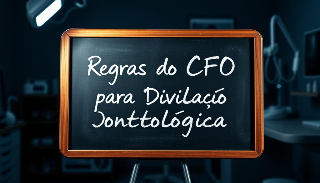 A high-contrast, professionally-lit studio photograph of a metal-framed chalkboard with crisp, handwritten text that reads "Regras do CFO para Divulgação Odontológica" in a clean, legible cursive script. The chalkboard is positioned in the middle ground, with a subtly blurred background of medical equipment and dental supplies suggesting a healthcare or dental office setting. The lighting is dramatic, with a single key light casting dramatic shadows and highlights to emphasize the message on the board. The overall mood is serious and informative, conveying the importance of adhering to regulatory guidelines for dental marketing and advertising.