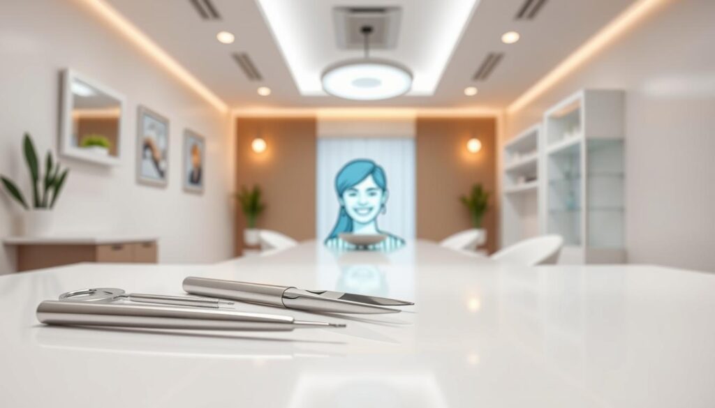 A high-quality dental clinic content featuring a serene, modern office setting. In the foreground, a closeup of dental tools, such as a polished steel dental mirror and plier-like instrument, artfully arranged on a pristine white surface. The middle ground showcases a stylized illustration of a healthy, smiling patient, reflecting the clinic's commitment to patient-centric care. The background presents a minimalist, well-lit interior with clean lines, neutral tones, and subtle accents, conveying a sense of professionalism and attention to detail. Soft, directional lighting casts a warm glow, creating a calming, inviting atmosphere. The overall composition emphasizes the clinic's expertise, quality of service, and focus on patient well-being.