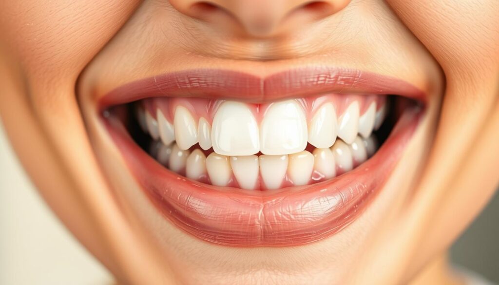 A high-quality dental health educational illustration featuring a close-up of a smiling person's mouth. The mouth is well-lit, with a soft focus on the teeth and gums, showcasing a healthy, vibrant appearance. The background is blurred, with a gentle gradient to draw the viewer's attention to the main subject. The lighting is natural and warm, creating a calming, reassuring atmosphere. The composition is balanced, with the mouth positioned centrally, allowing for a clear, detailed view. The overall impression is one of informative, yet visually appealing content to educate readers on the importance of oral health.
