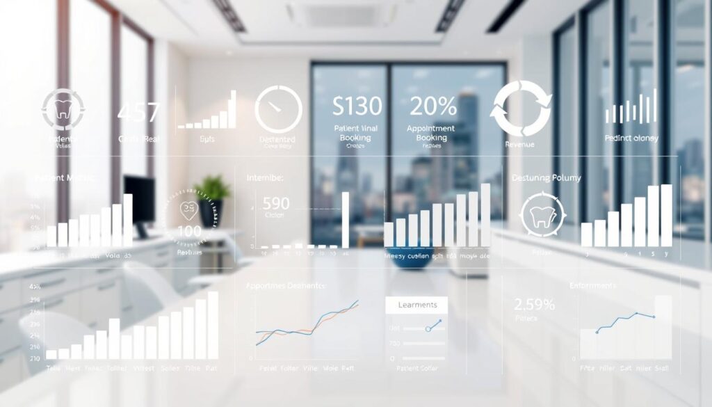 A high-quality, detailed infographic depicting key performance metrics for a dental clinic. Precise, clean lines and a minimalist, data-driven style. Foreground shows a variety of simple charts, graphs, and visualizations presenting metrics like patient volume, appointment bookings, revenue, and customer satisfaction. Midground features a modern, professional-looking dental office setting with clean white surfaces, metal accents, and subtle branding. Soft, neutral lighting creates a calm, authoritative atmosphere. Background shows a faint, blurred cityscape outside large windows, suggesting a thriving urban dental practice. The overall impression is sleek, modern, and highly informative, capturing the data-driven essence of dental clinic performance metrics.