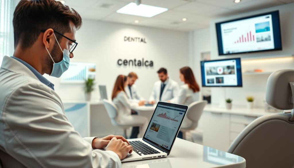 A high-quality digital marketing campaign for dentists, featuring a dentist's office with modern, clean design and sleek computer screens showcasing various online marketing strategies. The foreground depicts a dentist reviewing analytics and social media posts on their laptop, while the midground shows a team of dental professionals collaborating on a digital marketing plan. The background reveals a well-lit, minimalist dental office with tasteful branding and decor. Soft, natural lighting highlights the professionalism and technological savvy of the dental practice. The overall scene conveys a sense of efficiency, innovation, and a patient-centric approach to digital marketing for the dental industry.