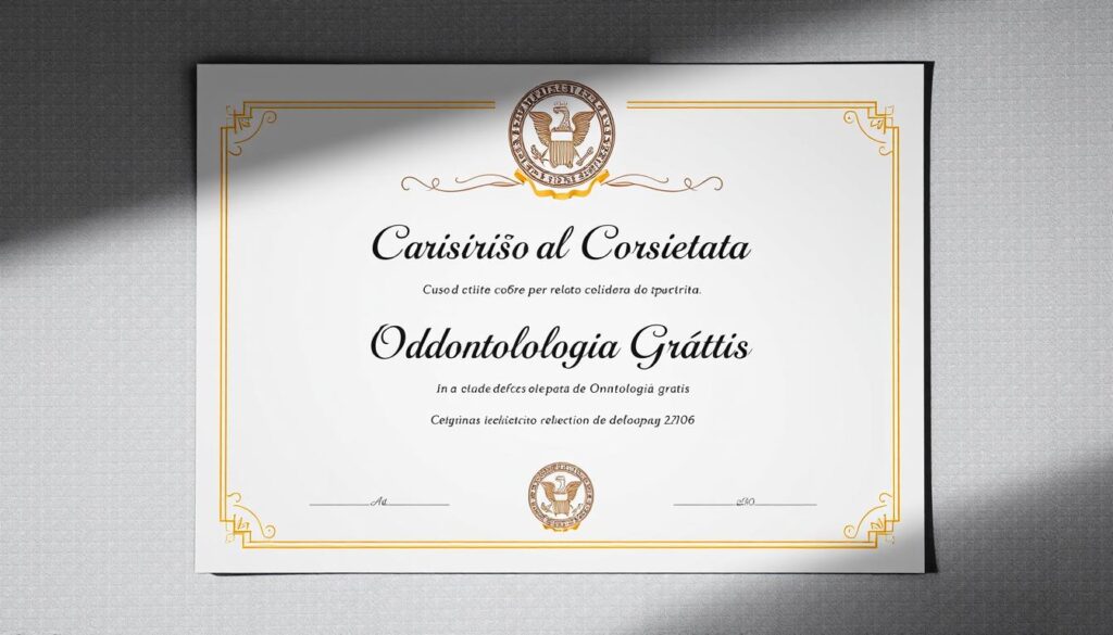 A high-quality, elegantly designed digital certificate representing the "Curso Gestão Odontologia Grátis" program. The certificate fills the frame, showcasing an official-looking emblem or seal at the top, followed by the program title in an ornate, professionally-set typeface. The background features a subtle, textured pattern or gradient, adding depth and visual interest without distracting from the central element. Lighting is soft and even, casting subtle shadows that give the certificate a sense of depth and dimensionality. The overall aesthetic is polished, authoritative, and befitting of a formal educational credential.