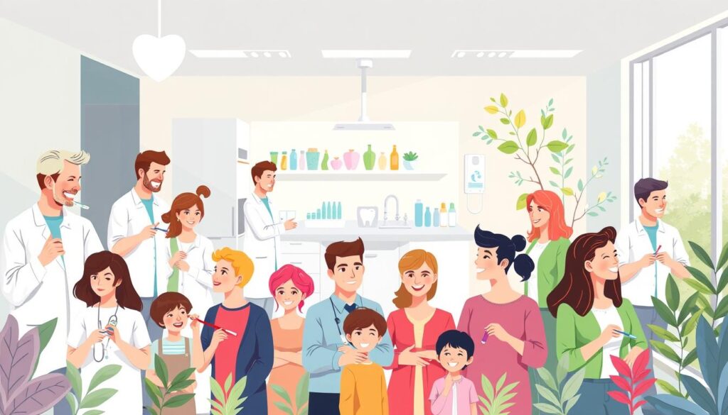 A high-quality, informative dental health education illustration, featuring a vibrant, modern design. In the foreground, a diverse group of people, including adults and children, engaged in healthy dental practices like brushing, flossing, and using mouthwash. The middle ground showcases a clean, well-equipped dental office, with friendly staff and state-of-the-art equipment. The background depicts a serene, natural setting, with lush greenery and a calming atmosphere, symbolizing the connection between oral health and overall wellbeing. Bright, natural lighting illuminates the scene, creating a sense of warmth and positivity. The composition is balanced, with harmonious colors and clean, minimal lines to convey a professional, trustworthy vibe.
