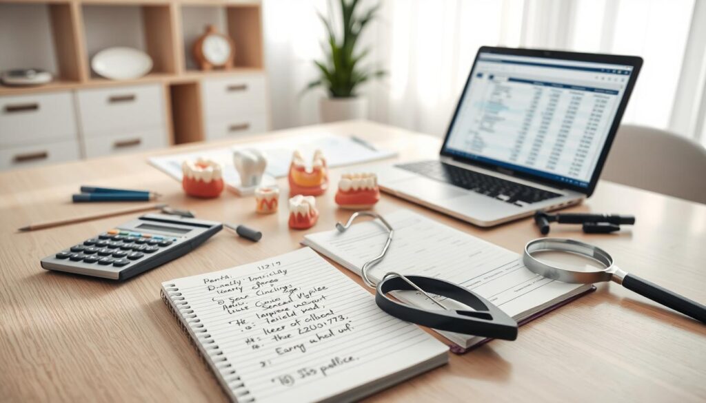 A high-quality photograph of an office desk displaying various dental tools, equipment, and documents related to dental service pricing. The foreground features a digital calculator, a notebook with handwritten notes, and an open laptop displaying financial spreadsheets. The middle ground showcases dental models, a pair of dental pliers, and a magnifying glass. The background depicts a clean, well-lit office setting with minimalist decor, suggesting a professional and organized dental practice. The lighting is soft and natural, creating a warm, inviting atmosphere. The overall composition conveys a sense of attention to detail, financial analysis, and a thoughtful approach to dental service pricing.