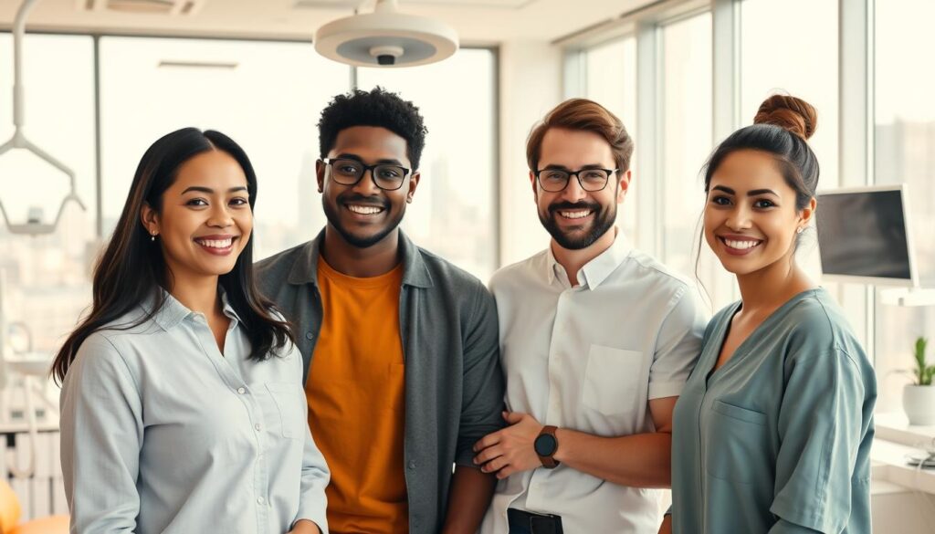 A high-quality portrait of a diverse group of individuals representing the target audience and personas for dental clinics. The foreground features three people of different ages, genders, and ethnicities, dressed in casual modern attire, engaging in a friendly conversation. The middle ground showcases a clean, well-lit dental clinic interior with modern equipment and decor. The background depicts a city skyline through large windows, suggesting an urban professional setting. The lighting is natural and diffused, creating a warm, inviting atmosphere. The composition is balanced, with the subjects positioned to draw the viewer's attention. The overall mood conveys a sense of professionalism, approachability, and inclusivity relevant to the dental clinic's target market.