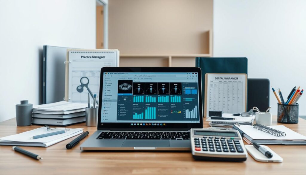 A high-quality, professionally lit studio photograph showcasing a comprehensive collection of dental management tools. In the foreground, a sleek, modern laptop with a dental practice management software interface displayed on the screen. Surrounding it, an array of essential instruments - digital dental x-ray viewer, dental patient records binder, dental clinic scheduling calendar, and sophisticated dental clinic accounting calculator. In the middle ground, various organizational accessories like document trays, pen holders, and a desktop organizer. The background features a clean, minimalist office setting with muted tones, subtle textures, and strategic lighting to emphasize the key tools and technologies of efficient dental practice management.
