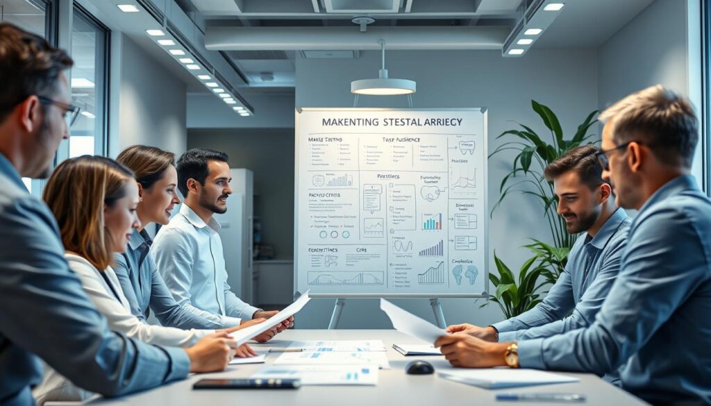 A high-resolution, photorealistic image of a dental office marketing strategy planning session. The foreground shows a group of business people gathered around a table, examining documents and discussing ideas. Soft, warm lighting illuminates their focused expressions. In the middle ground, a large whiteboard displays charts, graphs, and notes related to marketing objectives, target audience, and promotional tactics. The background reveals a modern, well-appointed dental clinic, with clean lines, high-tech equipment, and vibrant plant life. The overall scene conveys a sense of collaborative professionalism and strategic planning toward achieving successful dental marketing goals.