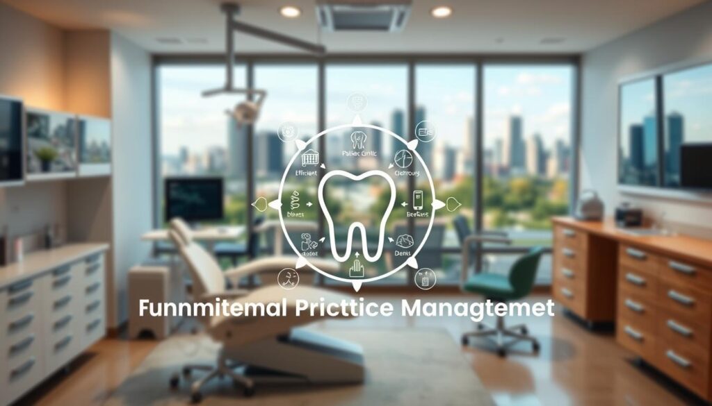 A high-resolution, photorealistic image of the fundamental principles of dental practice management. In the foreground, a stylized icon or infographic depicting the core elements of effective clinic administration - things like patient-centric care, efficient workflows, sound financial practices, and continuous improvement. The mid-ground shows a modern, well-equipped dental office with state-of-the-art technology and furnishings. In the background, a blurred landscape of a bustling city skyline or a serene rural setting, symbolizing the broader healthcare ecosystem in which the dental practice is situated. The lighting is crisp and professional, with strategic highlights drawing the viewer's eye to the key focal points. The overall composition conveys a sense of authority, expertise, and forward-thinking in the field of dental practice management.
