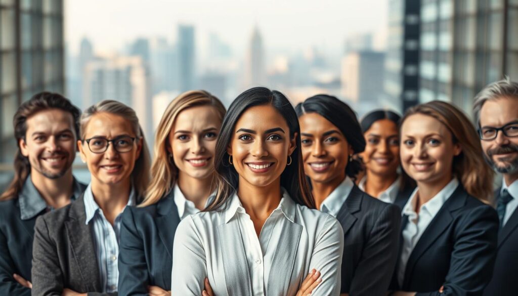 A high-resolution portrait of a diverse group of business professionals, representing the target audience and personas for a dental marketing company. The subjects are positioned in the foreground, with warm studio lighting creating a sense of depth and focus. In the middle ground, abstract geometric shapes and patterns suggest the analytical tools and data used to define and understand the target market. The background features a blurred cityscape, hinting at the broader industry landscape. The overall mood is one of professionalism, expertise, and data-driven insights, reflecting the careful consideration of the dental clinic's target audience.