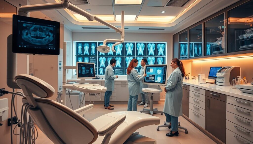 A high-tech dental clinic, bathed in warm, soft lighting. In the foreground, a modern dental chair equipped with state-of-the-art instruments and diagnostic screens. Midground, a team of dental professionals meticulously examining x-rays and patient records on a sleek, touch-enabled console. In the background, rows of gleaming medical equipment, cabinets filled with the latest dental technologies. An atmosphere of clinical efficiency, precision, and patient-centric care pervades the scene. The clinic embodies the seamless integration of advanced dentistry and innovative management, a testament to the power of technology-driven optimization.