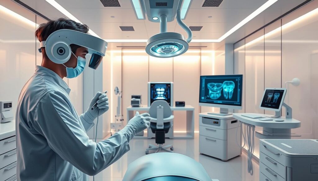 A high-tech dental clinic of the future, with state-of-the-art equipment and advanced digital technologies. In the foreground, a dentist in a clean, sterile uniform examines a patient's teeth using a sleek, digital X-ray scanner. The middle ground showcases a suite of cutting-edge dental tools and devices, including a 3D printer for custom-made dental prosthetics, and a holographic display for interactive treatment planning. The background features a minimalist, modern interior design with smooth, glass partitions, and ambient lighting that creates a calm, futuristic atmosphere. The overall scene conveys a sense of clinical efficiency, technological innovation, and patient-centric care, reflecting the advancements in dental technology expected in the year 2025.