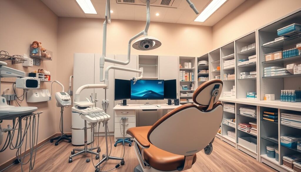 A highly detailed, wide-angle image showcasing the essential resources for a modern dental clinic. In the foreground, a sleek and contemporary dental chair takes center stage, its polished metallic frame and plush leather upholstery exuding a sense of professionalism. Surrounding it, various state-of-the-art dental instruments are neatly arranged, including precision-engineered dental tools, high-powered overhead lighting, and a digital X-ray machine. In the middle ground, a computer workstation with a large, high-resolution monitor dominates, highlighting the clinic's focus on digital record-keeping and patient management software. In the background, rows of well-organized medical cabinets and shelves filled with essential dental supplies, from sterilized instruments to a diverse array of dental materials, convey a sense of preparedness and attention to detail. The lighting is warm and inviting, creating a calming atmosphere for both patients and staff.