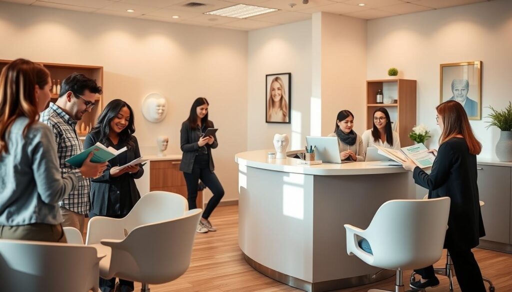 A lively dental office setting, with a welcoming reception area featuring a sleek, modern desk and chairs. Patients engaged in various offline marketing strategies, such as reading brochures, filling out feedback forms, and interacting with a friendly receptionist. The space is bathed in warm, natural lighting, creating a calming, professional atmosphere. In the background, a minimalist decor with subtle dental-themed accents, like dental models and artwork, reinforces the medical theme. The overall scene conveys a sense of efficiency, attentiveness, and a commitment to providing personalized, offline marketing solutions for dental patients.