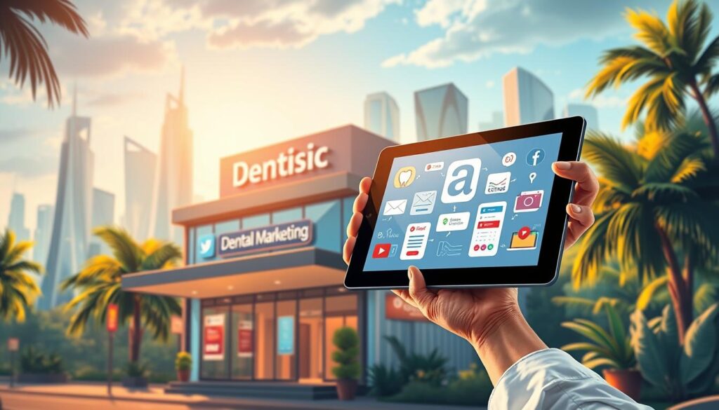 A lush and vibrant digital marketing strategy for a modern dental clinic, captured in a dynamic illustration. In the foreground, a dentist's hand holds a tablet displaying various digital marketing tactics - social media, SEO, email campaigns. The middle ground features a stylized dental practice facade, adorned with signage and branding elements. In the background, a cityscape with towering skyscrapers, reflecting the clinic's forward-thinking approach. The scene is illuminated by warm, directional lighting, casting dramatic shadows and highlights to create depth and drama. The overall mood is one of professional expertise, technological innovation, and a commitment to delivering exceptional patient experiences.