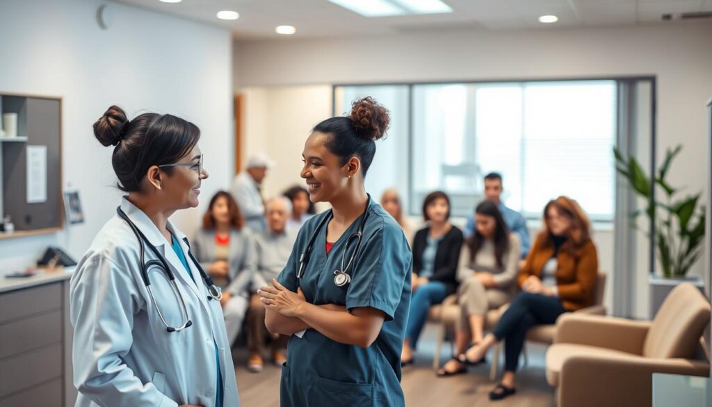 A medical clinic in a warm, inviting atmosphere. In the foreground, two healthcare professionals - a doctor and a nurse - are engaging in a friendly discussion, their body language indicating a collaborative partnership. The middle ground features a group of patients of diverse ages and backgrounds, all waiting patiently yet comfortably in the clinic's reception area. The background depicts the clinic's modern, well-equipped interior, with clean, bright lighting and soothing, earthy tones creating a calming, professional ambiance. The overall scene conveys a sense of teamwork, trust, and patient-centered care, reflecting the importance of effective partnerships between healthcare providers.