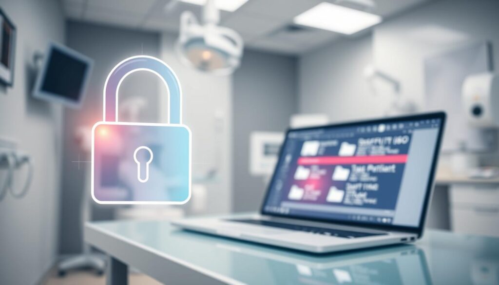 A medical data security concept for a dental clinic. In the foreground, a digital padlock icon symbolizes the protection of sensitive patient information. The middle ground shows a doctor's laptop screen displaying encrypted patient files, while in the background, the clinical environment is depicted with modern medical equipment and a clean, professional atmosphere. The lighting is soft and muted, conveying a sense of privacy and confidentiality. The composition emphasizes the importance of data security in the healthcare setting, with a focus on the secure management of digital patient records.