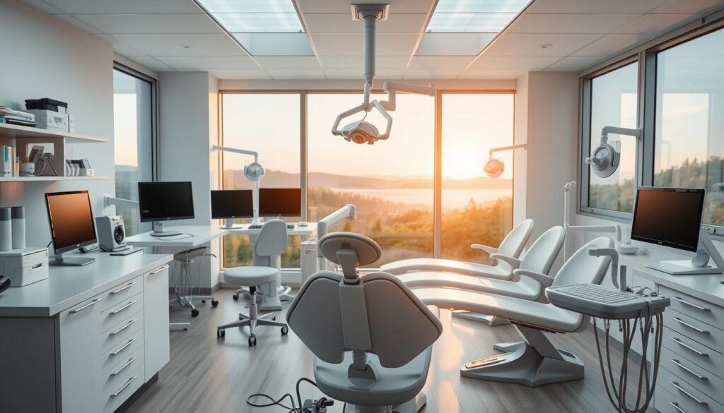 A medical office interior with modern dental equipment and technology, featuring a central reception desk, computer workstations, and various diagnostic and treatment devices. The lighting is bright and professional, with a clean, minimalist aesthetic. In the foreground, a dental chair is positioned prominently, surrounded by an array of tools and supplies. The middle ground showcases a row of dental chairs, each with a sleek, ergonomic design. In the background, a large window overlooks a serene, natural landscape, creating a calming, spa-like atmosphere. The overall scene conveys the efficiency, cleanliness, and advanced capabilities of a well-equipped, state-of-the-art dental practice.