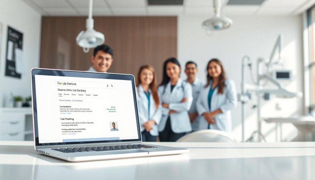 A medical office with a focus on dentistry, set against a clean, professional backdrop. In the foreground, a laptop displays a Google search results page, showcasing the clinic's high rankings. The middle ground features a team of dentists and staff, radiating competence and expertise. The background subtly depicts various dental equipment and tools, hinting at the clinic's advanced capabilities. Warm, natural lighting bathes the scene, conveying a sense of trust and comfort. The overall impression is one of a modern, tech-savvy dental practice that prioritizes visibility and accessibility through effective SEO strategies.