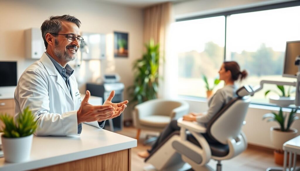 A medical office with warm, natural lighting. In the foreground, a smiling dentist in a white coat sits at a desk, gesturing warmly as they converse with a patient in a chair. The middle ground shows a cozy, welcoming waiting area with comfortable chairs and potted plants. The background features soft, blurred medical equipment and a large window overlooking a peaceful outdoor scene. The overall atmosphere conveys a sense of trust, care, and an efficient yet personalized approach to patient communication.
