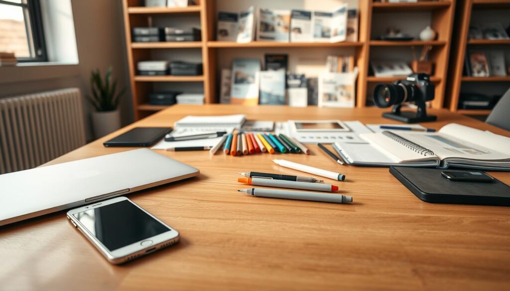 A meticulously crafted office desk showcasing an array of essential dental marketing tools. In the foreground, a modern laptop, a crisp white notepad, and a sleek smartphone lay atop a clean, minimalist wooden surface, bathed in warm, directional lighting. In the middle ground, an assortment of office supplies - pens, highlighters, a professional-grade camera - are neatly arranged, hinting at the diverse digital and print media needed to engage dental patients. In the background, shelves display a collection of marketing materials, including brochures, flyers, and carefully curated social media content, all in a cohesive, visually appealing style that reflects the professionalism and attention to detail required for effective dental practice marketing.