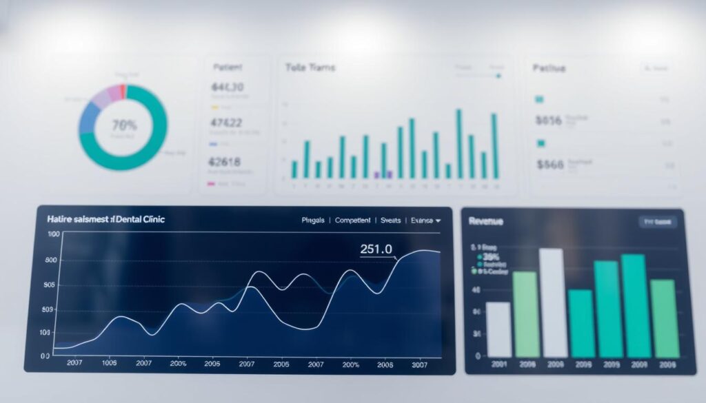 A meticulously designed dental clinic dashboard displaying a variety of performance indicators. In the foreground, a sleek, high-resolution graph showcases key metrics such as patient satisfaction, treatment completion rates, and revenue trends. The middle ground features neatly arranged KPIs, each with intuitive visual cues and numerical data. In the background, a minimalist layout with subtle lighting emphasizes the professionalism and attention to detail. The overall composition conveys a sense of efficiency, data-driven decision making, and a commitment to excellence in dental practice management.